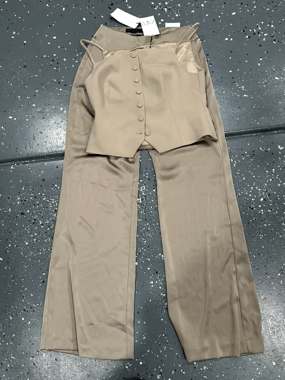Zara Taupe Wide-Leg Pants with Coordinating Button-Front Crop Vest